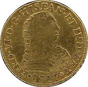 Mexico 2 Escudos Ferdinand VI 1747 MF KM# 125 FERD VI D G HIPAN ET IND REX 1747 coin obverse Mexico 2 Escudos Ferdinand VI 1747 MF KM# 125 FERD VI D G HIPAN ET IND REX 1747 coin obverse
