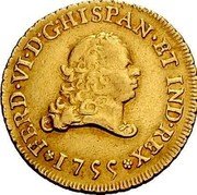 Mexico 2 Escudos Ferdinand VI 1755 MM KM# 126.2 FERD VI D G HISPAN ET IND REX 1755 coin obverse Mexico 2 Escudos Ferdinand VI 1755 MM KM# 126.2 FERD VI D G HISPAN ET IND REX 1755 coin obverse