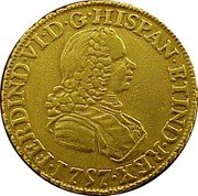 Mexico 2 Escudos Ferdinand VI 1757 MM KM# 127 FERDIND VI D G HISPAN ETIND REX 1757 coin obverse Mexico 2 Escudos Ferdinand VI 1757 MM KM# 127 FERDIND VI D G HISPAN ETIND REX 1757 coin obverse