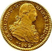 Mexico 2 Escudos Charles IV 1802 FT KM# 132 CAROL IIII D G HISP ET IND R 1799 coin obverse Mexico 2 Escudos Charles IV 1802 FT KM# 132 CAROL IIII D G HISP ET IND R 1799 coin obverse