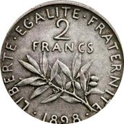 France 2 Francs (The Sower. Big Two) LIBERTE EGALITE FRATERNITE 2 FRANCS 1898 coin reverse