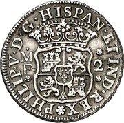 Mexico 2 Reales Philip V 1735 MF KM# 84 PHILIP V D G HISPAN ETIND REX M F 2 coin obverse Mexico 2 Reales Philip V 1735 MF KM# 84 PHILIP V D G HISPAN ETIND REX M F 2 coin obverse