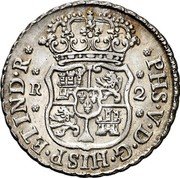Mexico 2 Reales Philip V 1742 M KM# 85 PHS V D G HISP ET IND R R 2 coin obverse Mexico 2 Reales Philip V 1742 M KM# 85 PHS V D G HISP ET IND R R 2 coin obverse