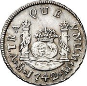 Mexico 2 Reales Philip V 1742 M KM# 85 VTRA QUE VNUM MO 1746 M PLUS VLTR coin reverse Mexico 2 Reales Philip V 1742 M KM# 85 VTRA QUE VNUM MO 1746 M PLUS VLTR coin reverse