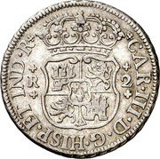 Mexico 2 Reales Carolus III 1763 M KM# 87 CAR III D G HISP ETIND R R 2 coin obverse Mexico 2 Reales Carolus III 1763 M KM# 87 CAR III D G HISP ETIND R R 2 coin obverse