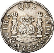 Mexico 2 Reales Carolus III 1763 M KM# 87 VTRA QUE VNVM MO 1763 M PLUS VLTR coin reverse Mexico 2 Reales Carolus III 1763 M KM# 87 VTRA QUE VNVM MO 1763 M PLUS VLTR coin reverse