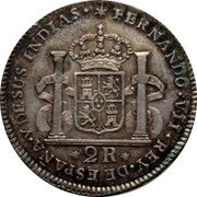 Mexico 2 Reales Fernando VII Proclamation Coinage 1808 KM# Q10 FERNANDO VII REY DE ESPANA Y DE SUS INDIAS 2 R coin obverse Mexico 2 Reales Fernando VII Proclamation Coinage 1808 KM# Q10 FERNANDO VII REY DE ESPANA Y DE SUS INDIAS 2 R coin obverse