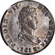 Mexico 2 Reales Ferdinand VII 1813 JJ KM# 93 FERDIN VII DEI GRATIA 1821 coin obverse Mexico 2 Reales Ferdinand VII 1813 JJ KM# 93 FERDIN VII DEI GRATIA 1821 coin obverse