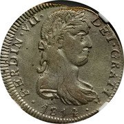 Mexico 2 Reales Ferdinand VII. Guadalajara 1814/2 GA MR KM# 93.2 FERDIN VII DEI GRATIA 1814 coin obverse Mexico 2 Reales Ferdinand VII. Guadalajara 1814/2 GA MR KM# 93.2 FERDIN VII DEI GRATIA 1814 coin obverse