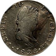 Mexico 2 Reales Ferdinand VII. Guanajuato 1822 Go JM KM# 93.3 FERDIN VII DEI GRATIA 1822 coin obverse Mexico 2 Reales Ferdinand VII. Guanajuato 1822 Go JM KM# 93.3 FERDIN VII DEI GRATIA 1822 coin obverse