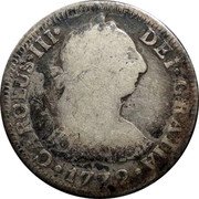 Mexico 2 Reales Carolus III 1772 MF KM# 88.1 CAROLUS III DEI GRATIA 1773 coin obverse Mexico 2 Reales Carolus III 1772 MF KM# 88.1 CAROLUS III DEI GRATIA 1773 coin obverse