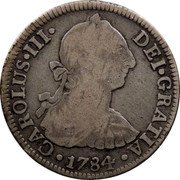 Mexico 2 Reales Carolus III 1784 FM KM# 88.2 CAROLUS III DEI GRATIA 1774 coin obverse Mexico 2 Reales Carolus III 1784 FM KM# 88.2 CAROLUS III DEI GRATIA 1774 coin obverse