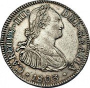 Mexico 2 Reales Charles IV 1803 FT KM# 91 CAROLUS IIII DEI GRATIA 1805 coin obverse Mexico 2 Reales Charles IV 1803 FT KM# 91 CAROLUS IIII DEI GRATIA 1805 coin obverse