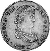 Mexico 2 Reales Ferdinand VII. Zacatecas 1820 AG KM# 93.4 FERDIN VII DEI GRATIA 1820 coin obverse Mexico 2 Reales Ferdinand VII. Zacatecas 1820 AG KM# 93.4 FERDIN VII DEI GRATIA 1820 coin obverse
