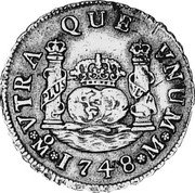 Mexico 2 Reales (Ferdinand VI) KM# 86.2 VTRA QUE VNUM MO 1748 M PLUS VLTR coin reverse Mexico 2 Reales (Ferdinand VI) KM# 86.2 VTRA QUE VNUM MO 1748 M PLUS VLTR coin reverse