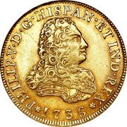 Mexico 4 Escudos Philip V 1736 MF KM# 135 PHILIP V D G HISPAN ET IND REX 1736 coin obverse Mexico 4 Escudos Philip V 1736 MF KM# 135 PHILIP V D G HISPAN ET IND REX 1736 coin obverse