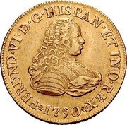 Mexico 4 Escudos Ferdinand VI 1750 MF KM# 137 FERDND VI D G HISPAN ET IND REX 1750 coin obverse Mexico 4 Escudos Ferdinand VI 1750 MF KM# 137 FERDND VI D G HISPAN ET IND REX 1750 coin obverse