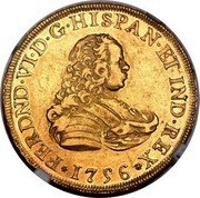 Mexico 4 Escudos Ferdinand VI 1756 MM KM# 138 FERDND VI D G HISPAN ET IND REX 1756 coin obverse Mexico 4 Escudos Ferdinand VI 1756 MM KM# 138 FERDND VI D G HISPAN ET IND REX 1756 coin obverse