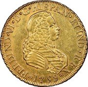 Mexico 4 Escudos Ferdinand VI 1759 MM KM# 139 FERDIND VI D G HISPAN ET IND REX 1759 coin obverse Mexico 4 Escudos Ferdinand VI 1759 MM KM# 139 FERDIND VI D G HISPAN ET IND REX 1759 coin obverse