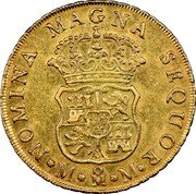 Mexico 4 Escudos Ferdinand VI 1759 MM KM# 139 NOMINA MAGNA SEQUOR M MO M coin reverse Mexico 4 Escudos Ferdinand VI 1759 MM KM# 139 NOMINA MAGNA SEQUOR M MO M coin reverse