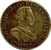 Mexico 4 Escudos Carolus III 1760 MM KM# 140 CAROLVS III D G HISPAN ETIND REX 1760 coin obverse Mexico 4 Escudos Carolus III 1760 MM KM# 140 CAROLVS III D G HISPAN ETIND REX 1760 coin obverse