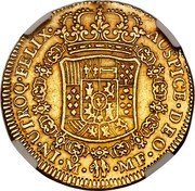 Mexico 4 Escudos Carolus III 1765 MF KM# 141 IN UTROQ FELIX AUSPICE DEO MO MF coin reverse Mexico 4 Escudos Carolus III 1765 MF KM# 141 IN UTROQ FELIX AUSPICE DEO MO MF coin reverse