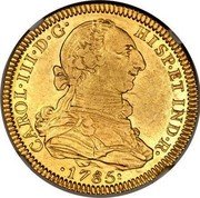 Mexico 4 Escudos Carolus III 1785 FM KM# 142.2a CAROL III D G HISP ET IND R 1785 coin obverse Mexico 4 Escudos Carolus III 1785 FM KM# 142.2a CAROL III D G HISP ET IND R 1785 coin obverse