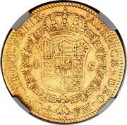 Mexico 4 Escudos Charles IV 1789 FM KM# 143.1 IN UTROQ FELIX AUSPICE DEO MO FM 4 S coin reverse Mexico 4 Escudos Charles IV 1789 FM KM# 143.1 IN UTROQ FELIX AUSPICE DEO MO FM 4 S coin reverse