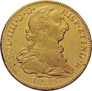 Mexico 4 Escudos Carolus III 1790 FM KM# 143.2 CAROL IIII D G HISP ET IND R 1790 coin obverse Mexico 4 Escudos Carolus III 1790 FM KM# 143.2 CAROL IIII D G HISP ET IND R 1790 coin obverse