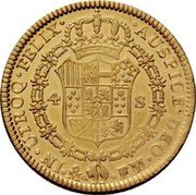 Mexico 4 Escudos Carolus III 1790 FM KM# 143.2 IN UTROQ FELIX AUSPICE DEO MO FM 4 S coin reverse Mexico 4 Escudos Carolus III 1790 FM KM# 143.2 IN UTROQ FELIX AUSPICE DEO MO FM 4 S coin reverse