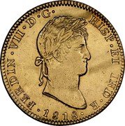 Mexico 4 Escudos Ferdinand VII 1818 JJ KM# 146 FERDIN VII D G HISP ET IND R 1814 coin obverse Mexico 4 Escudos Ferdinand VII 1818 JJ KM# 146 FERDIN VII D G HISP ET IND R 1814 coin obverse