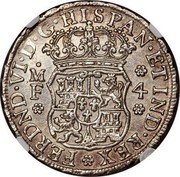 Mexico 4 Reales Ferdinand VI 1752 MF KM# 95 FERDND VI D G HISPAN ET IND REX M F 4 coin obverse