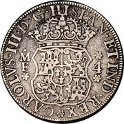 Mexico 4 Reales Carolus III 1766 MF KM# 96 CAROLVS III D G HISPAN ET IND REX M F 4 coin obverse Mexico 4 Reales Carolus III 1766 MF KM# 96 CAROLVS III D G HISPAN ET IND REX M F 4 coin obverse