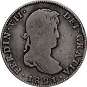 Mexico 4 Reales Ferdinand VII 1821 JJ KM# 102 FERDIN VII DEI GRATIA 1820 coin obverse Mexico 4 Reales Ferdinand VII 1821 JJ KM# 102 FERDIN VII DEI GRATIA 1820 coin obverse