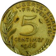 France 5 Centimes (Marianne Piedfort) LIBERTE EGALITE FRATERNITE 5 CENTIMES 1966 A. DIEUDONNE coin reverse France 5 Centimes (Marianne Piedfort) LIBERTE EGALITE FRATERNITE 5 CENTIMES 1966 A. DIEUDONNE coin reverse