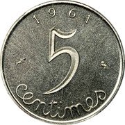France 5 Centimes Wheat Ears. Piedfort 1961 In Sets only 1961 5 CENTIMES coin reverse France 5 Centimes Wheat Ears. Piedfort 1961 In Sets only 1961 5 CENTIMES coin reverse