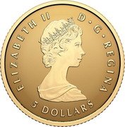 Canada 5 Dollars (45th Anniversary of Canada’s Gold Maple Leaf) ELIZABETH II D G REGINA 5 DOLLARS coin obverse Canada 5 Dollars (45th Anniversary of Canada’s Gold Maple Leaf) ELIZABETH II D G REGINA 5 DOLLARS coin obverse
