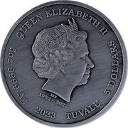 Tuvalu 5 Dollars (Gods of Olympus - Ares. Antiqued) IRB 1952 - 2022 QUEEN ELIZABETH II 5OZ 9999 AG 2023 TUVALU 5 DOLLARS coin obverse