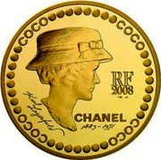 France 5 Euro 125th Anniversary of the Birth of Coco Chanel 2008 RF 2008 CHANEL 1883 - 1971 KARL LAGARFELD COCO coin obverse France 5 Euro 125th Anniversary of the Birth of Coco Chanel 2008 RF 2008 CHANEL 1883 - 1971 KARL LAGARFELD COCO coin obverse
