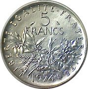France 5 Francs (The Sower. Piedfort) LIBERTÉ ÉGALITÉ FRATERNITÉ 5 FRANCS 1974 coin reverse France 5 Francs (The Sower. Piedfort) LIBERTÉ ÉGALITÉ FRATERNITÉ 5 FRANCS 1974 coin reverse