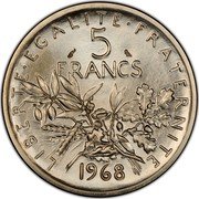 France 5 Francs (The Sower. Piedfort) KM# 926a LIBERTE EGALITE FRATERNITE 5 FRANCS 1968 coin reverse France 5 Francs (The Sower. Piedfort) KM# 926a LIBERTE EGALITE FRATERNITE 5 FRANCS 1968 coin reverse