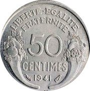France 50 Centimes (Marianne. Heavy Type) KM# 894a LIBERTE EGALITE FRATERNITE 50 CENTIMES 1941 coin reverse France 50 Centimes (Marianne. Heavy Type) KM# 894a LIBERTE EGALITE FRATERNITE 50 CENTIMES 1941 coin reverse