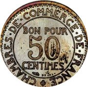 France 50 Centimes (Pattern of Morlon. Hybride) CHAMBRES. DE. COMMERCE. DE. FRANCE BON POUR 50 CENTIMES BR. AL. coin reverse France 50 Centimes (Pattern of Morlon. Hybride) CHAMBRES. DE. COMMERCE. DE. FRANCE BON POUR 50 CENTIMES BR. AL. coin reverse