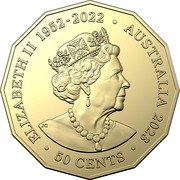 Australia 50 Cents 50th Anniversary of the Sydney Opera House 2023 JC ELIZABETH II 1952-2022 AUSTRALIA 2023 50 CENTS coin obverse Australia 50 Cents 50th Anniversary of the Sydney Opera House 2023 JC ELIZABETH II 1952-2022 AUSTRALIA 2023 50 CENTS coin obverse