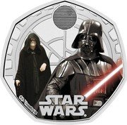 UK 50 Pence Darth Vader and Emperor Palpatine. Colored 2023 Brilliant Uncirculated (BU) STAR WARS © & TM LUCASFILM LTD. coin reverse UK 50 Pence Darth Vader and Emperor Palpatine. Colored 2023 Brilliant Uncirculated (BU) STAR WARS © & TM LUCASFILM LTD. coin reverse
