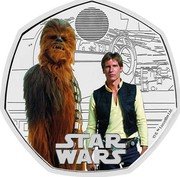 UK 50 Pence Han Solo and Chewbacca. Colored. 2023 Brilliant Uncirculated (BU) STAR WARS © & TM LUCASFILM LTD. coin reverse UK 50 Pence Han Solo and Chewbacca. Colored. 2023 Brilliant Uncirculated (BU) STAR WARS © & TM LUCASFILM LTD. coin reverse