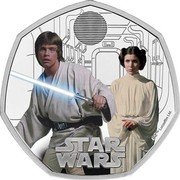 UK 50 Pence (Luke Skywalker and Princess Leia.) STAR WARS © & TM LUCASFILM LTD. coin reverse UK 50 Pence (Luke Skywalker and Princess Leia.) STAR WARS © & TM LUCASFILM LTD. coin reverse