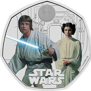 UK 50 Pence Luke Skywalker and Princess Leia. Colored 2023 Brilliant Uncirculated (BU) STAR WARS © & TM LUCASFILM LTD. coin reverse UK 50 Pence Luke Skywalker and Princess Leia. Colored 2023 Brilliant Uncirculated (BU) STAR WARS © & TM LUCASFILM LTD. coin reverse