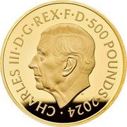 UK 500 Pounds Lunar Year of the Dragon 2024 CHARLES III D G REX F D 500 POUNDS 2024 MJ coin obverse UK 500 Pounds Lunar Year of the Dragon 2024 CHARLES III D G REX F D 500 POUNDS 2024 MJ coin obverse