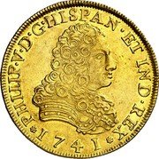 Mexico 8 Escudos Philip V 1741 MF KM# 148 1741 PHILIP V D G HISPAN ET IND REX coin obverse Mexico 8 Escudos Philip V 1741 MF KM# 148 1741 PHILIP V D G HISPAN ET IND REX coin obverse